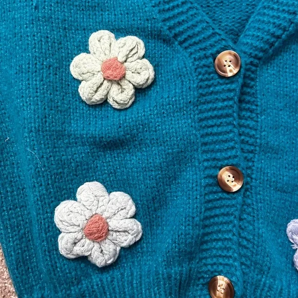 Teal Kids Cardigan with Floral Design - Picture 2 of 5